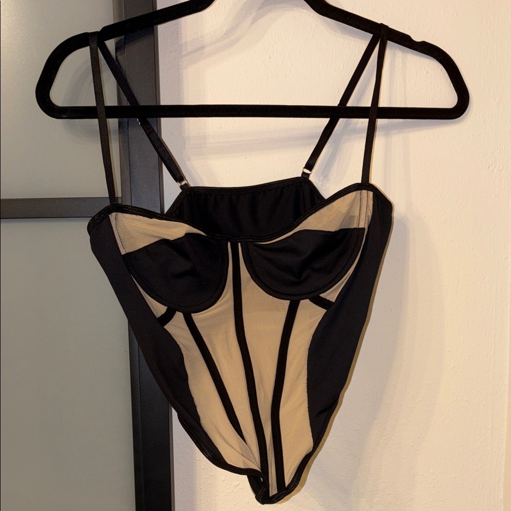 Black & Beige Mesh Corset Bodysuit